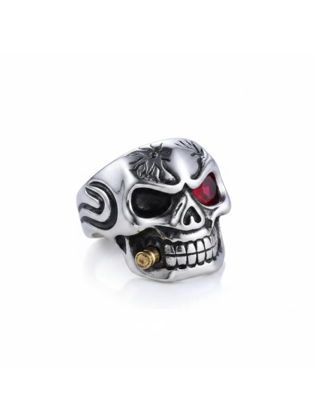 Punk Skull Ring Men Stainless Steel Red Eye Bullet Mouth Biker Gothic Rocker